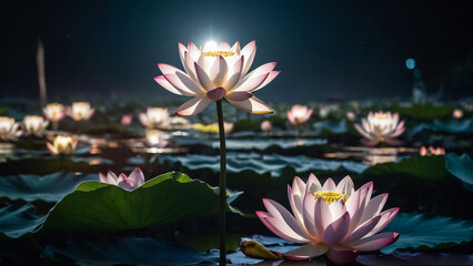Wall Mural - Loy Krathong festival with colorful candles light and full moon in Thailand background. Floating ritual banana leaves vessel lamp and lotus flower into the
