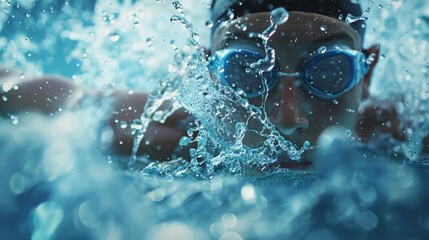 Wall Mural - A man in swimwear is swimming in clear water, wearing goggles for better vision underwater.