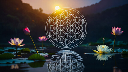 Wall Mural - Loy Krathong festival with colorful candles light and full moon in Thailand background. Floating ritual banana leaves vessel lamp and lotus flower into the
