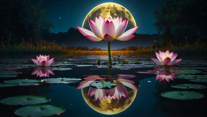 Wall Mural - Loy Krathong festival with colorful candles light and full moon in Thailand background. Floating ritual banana leaves vessel lamp and lotus flower into the
