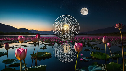 Wall Mural - Loy Krathong festival with colorful candles light and full moon in Thailand background. Floating ritual banana leaves vessel lamp and lotus flower into the
