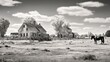 18th Century Farmstead in Black and White farmers tend to crops and livestock