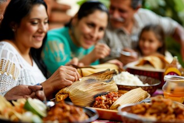 Family enjoying a tamale at a dinner party