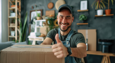 A happy delivery man wearing overalls and a cap, holding out his hand with his thumb up while showing the cardboard box
