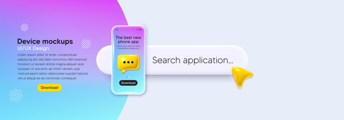 Mobile phone ui banner. Search bar app interface template. Phone mockup with 3d chat speech bubble background for web. Download phone application. Search bar for app with pointer. Gradient vector