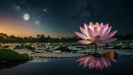 Wall Mural - Loy Krathong festival with colorful candles light and full moon in Thailand background. Floating ritual banana leaves vessel lamp and lotus flower into the
