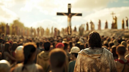 Wall Mural - Jesus in front of a cross among a crowd of people.