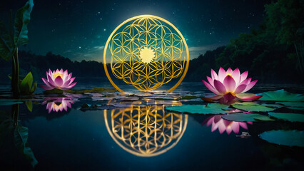 Wall Mural - Loy Krathong festival with colorful candles light and full moon in Thailand background. Floating ritual banana leaves vessel lamp and lotus flower into the

