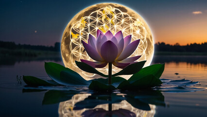 Wall Mural - Loy Krathong festival with colorful candles light and full moon in Thailand background. Floating ritual banana leaves vessel lamp and lotus flower into the
