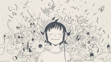 Wall Mural - Whimsical of Music and Rhythm with Animated Creatures Dancing Around Headphone-Wearing Figure