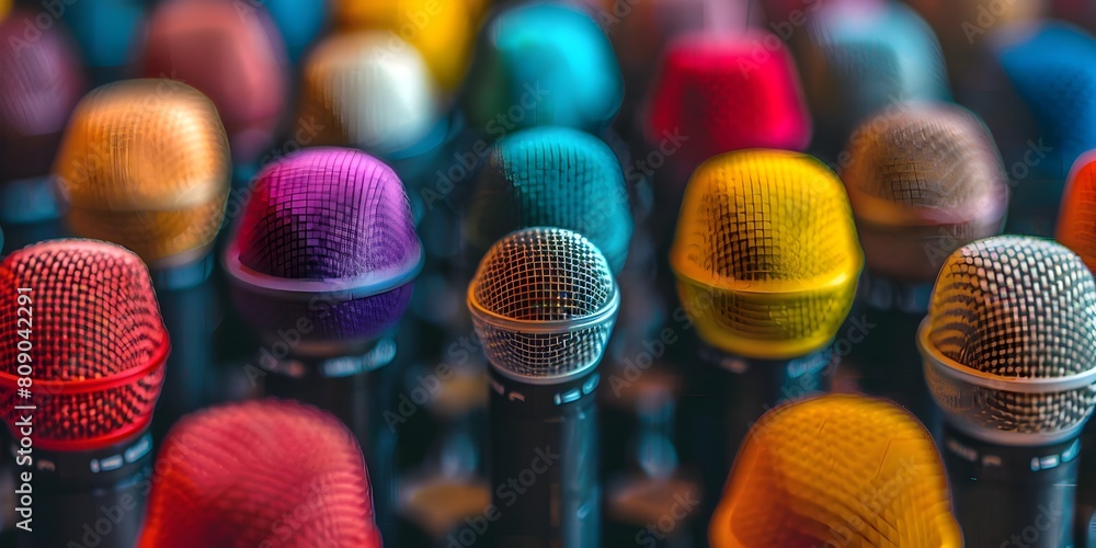 Diverse group of colorful microphones prepared for an annual leadership ...