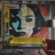 Contemporary living room showcasing a vibrant wall mural, a yellow sofa, and stylish decor, 70' s style