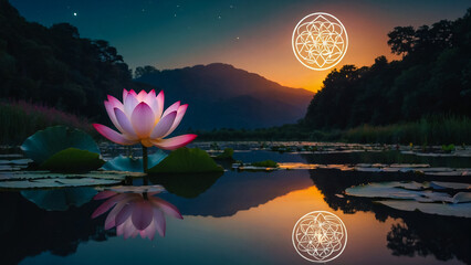 Wall Mural - Loy Krathong festival with colorful candles light and full moon in Thailand background. Floating ritual banana leaves vessel lamp and lotus flower into the

