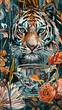Digital illustration of a majestic tiger's face blending with a tea cup holding a fish, set against a floral backdrop