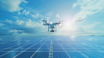 Wall Mural - A drone inspecting a photovoltaic power plant against a blue background