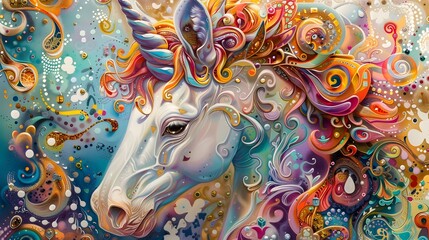 Vibrant and Whimsical Unicorn Painting in Magical Dreamlike Realm