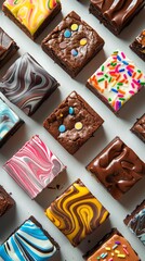 A collection of brownies each with a unique pattern of colorful icing, artistically isolated on a white backdrop