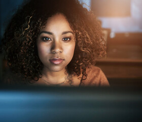 Aufkleber - Computer, face and night with black woman programmer in office for web development deadline. Code, programming and software with confident coder in workplace for cyber security of computer system