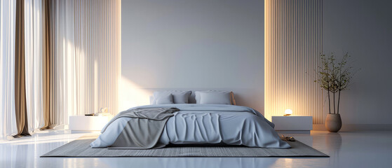 Wall Mural - Modern, contemporary bedroom interior mockup with furniture, lamp, decor. Sunlight shadow effect. Luxury apartment for sleeping, rest. Generative ai