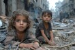 © Larisa AI - Two young children sitting on the ground with a bleak backdrop of destruction and rubble