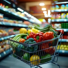 Wall Mural - market shopping cart with vegetables and healthy foods