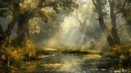 Hidden deep within a mist-shrouded forest, a tranquil pond lies nestled among ancient trees. The air is alive with the symphony of birdsong and rustling leaves, 