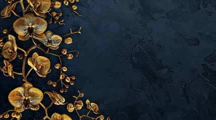 Wall Mural - Elegant Orchids on Dark Blue Background with Golden Accents
