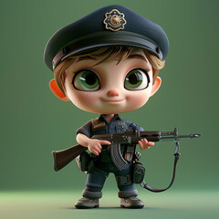 3D cartoon, cute little boy wearing a police uniform and holding a gun. Isolated on plain backgroun. 