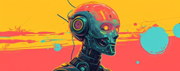 Poster - Colorful futuristic robot head with abstract background