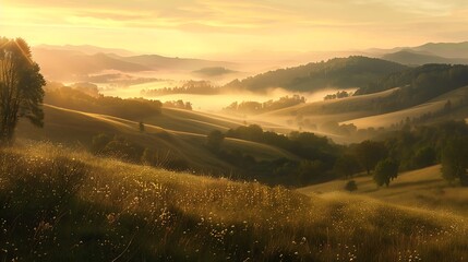 Wall Mural - Nestled between rolling hills, a tranquil valley stretches out as far as the eye can see, bathed in the soft glow of dawn. Morning mist hangs low over the landscape