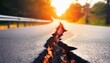 car driving on the road, street in the city, time lapse of traffic, a busy city street, there is a road with a long crack, depicting the effects of an earthquake. The background appears blurry
