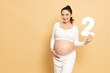 Portrait of Happy Asian pregnant woman standing and holding 2 number or two isolated on brown background