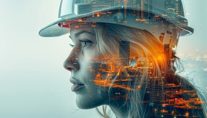 Wall Mural - A woman wearing a hard hat is looking out over a city by AI generated image