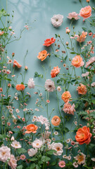 Wall Mural - A beautiful bouquet of flowers is displayed on a blue background