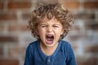 © Larisa AI - A distressed little boy cries emphatically, his emotions palpable against a rustic brick backdrop