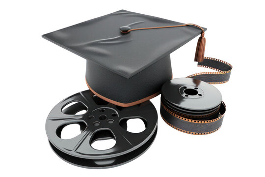 A black cap with a gold tassel sits on top of a film reel