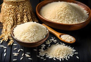 Wall Mural - A wooden bowl of uncooked basmati rice on a black wooden table