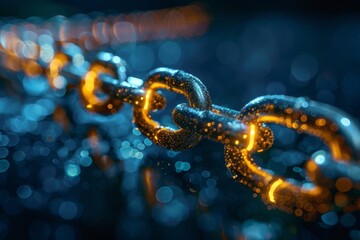 Wall Mural - A digital art concept depicting glowing chain links against a mesmerizing blue bokeh effect, symbolizing connectivity and security