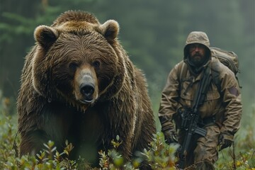 Wall Mural - Tension-filled moment as a soldier with a blurred face stands in front of a bear in a misty forest