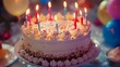 Birthday cake with burning candles, close-up, selective focus