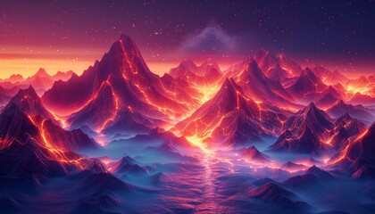 Wall Mural - a colorful, glowing landscape with mountains and a blue sky by ai generated image