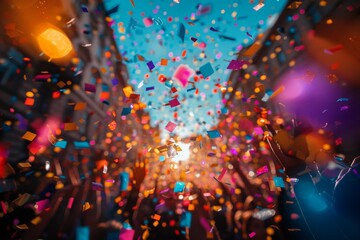 Wall Mural - dynamic image of a confetti explosion mid-air with a bokeh effect, creating a lively celebration atm