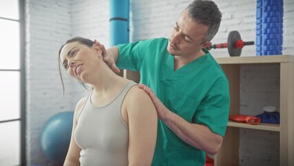 Wall Mural - A male physiotherapist provides neck treatment to a female patient in a well-equipped rehabilitation room.