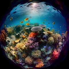 Wall Mural - Underwater view of tropical coral reef with fish. 3D rendering