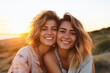 © AspctStyle - Two Joyful Young Women Smiling Together at Sunset, Radiating Happiness and Friendship in a Warm Outdoor Setting