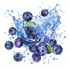 Canvas Print - Fresh blueberries splashing into water with dynamic droplets, depicting concepts of healthy eating, hydration, and summer freshness