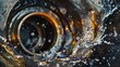 Kinetic Metal Art, Portrait of a metal bearing in motion with oil droplets artistically captured as they splash, blending industrial functionality with abstract art