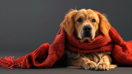 Wall Mural - A dog is wrapped in a red blanket and is looking at the camera