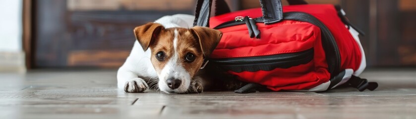 Poster - A dog is laying on the floor next to a red backpack