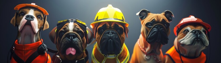 Poster - Five dogs are wearing hard hats and safety vests